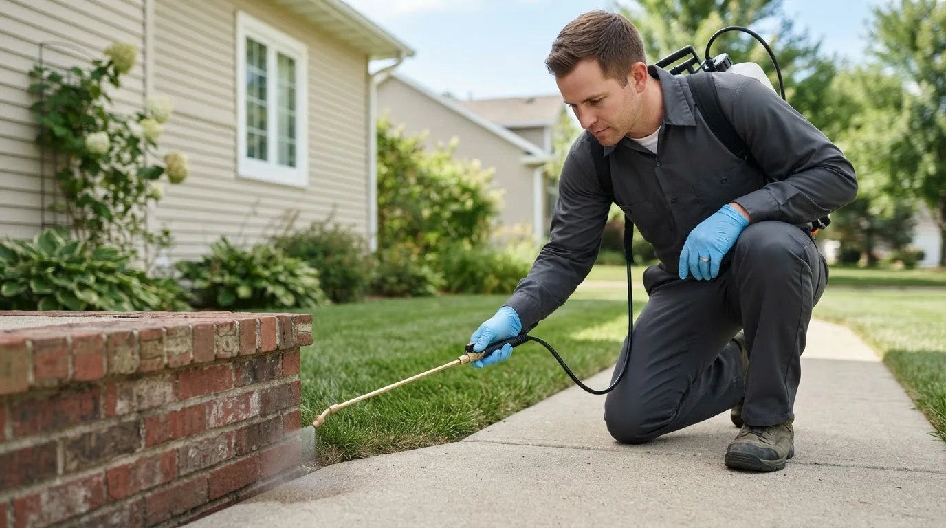 Pest control technician treating a home near Centreville, MD